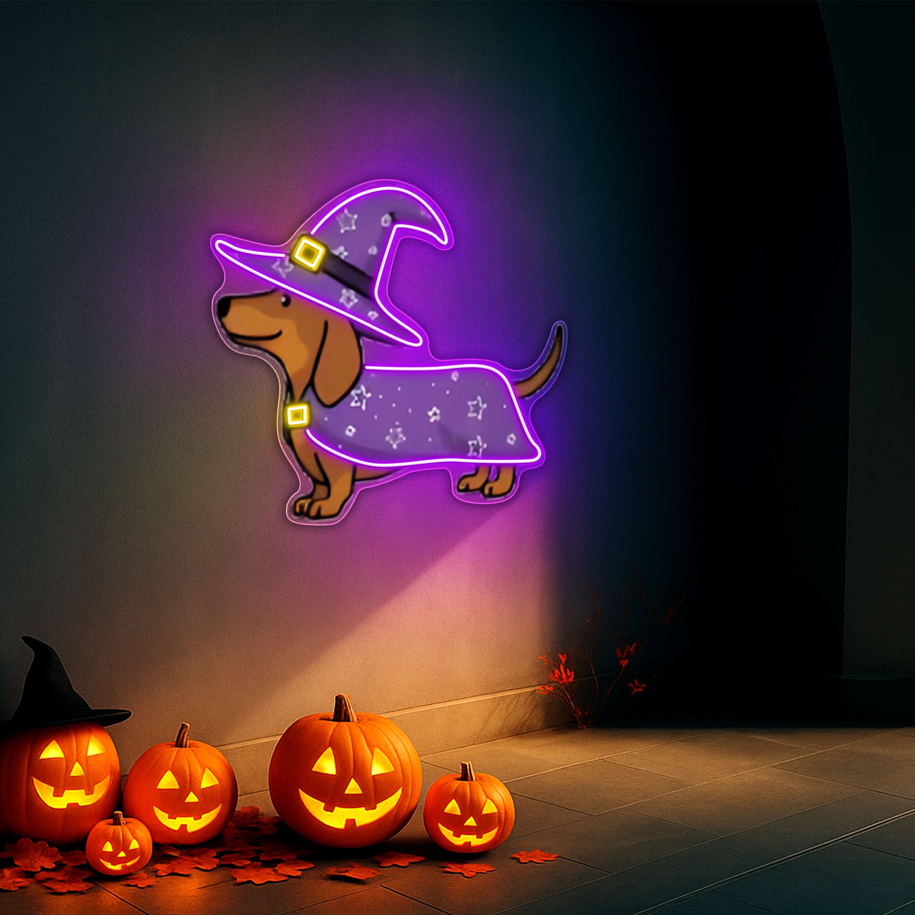 Halloween Dachshund Neon Sign – Cute Witch Dog LED Wall Light for Spooky Home & Party Decor