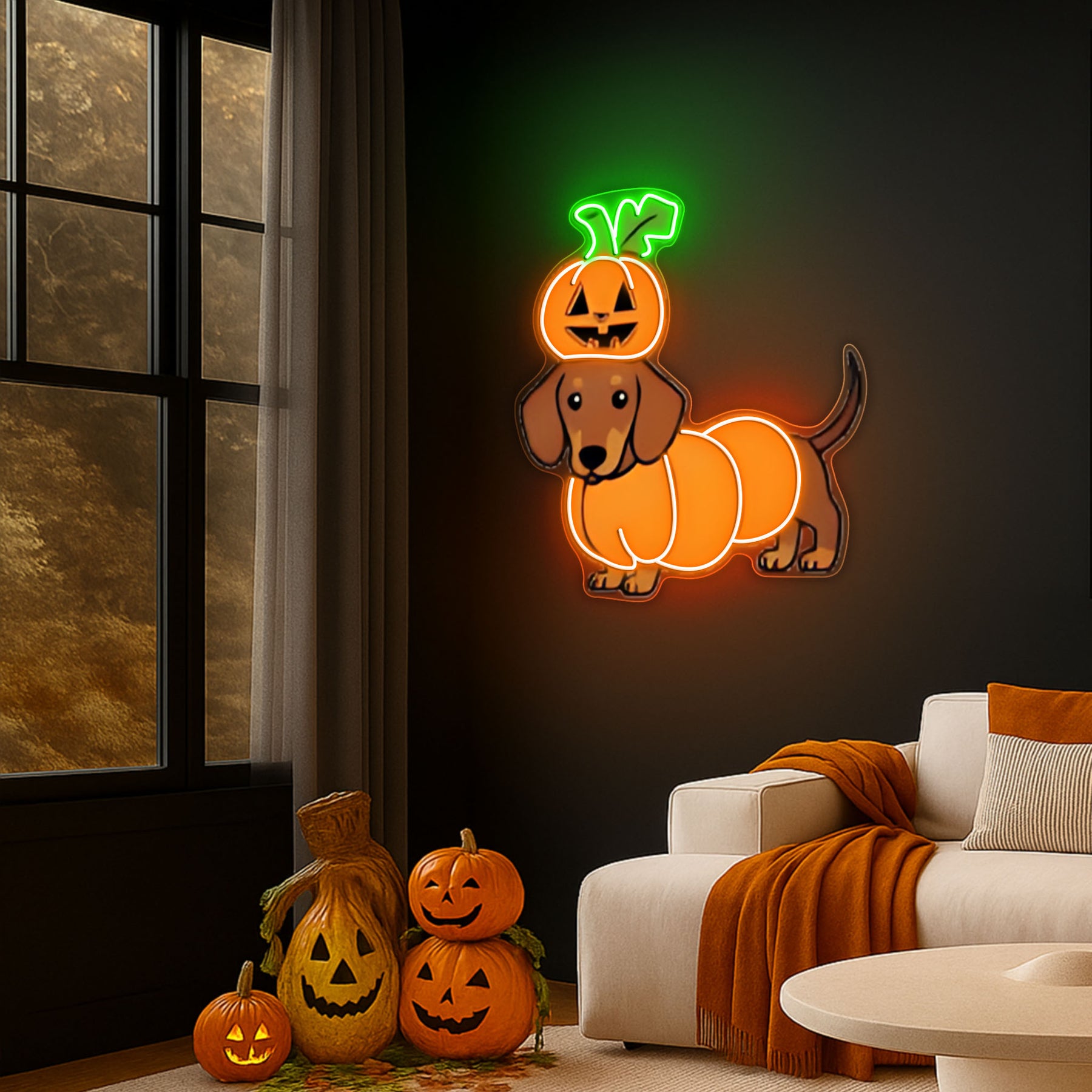 Halloween Pumpkin Dachshund Neon Sign – Cute Dog LED Wall Light for Spooky Home & Party Decor