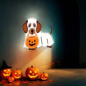 Halloween Ghost Dog Neon Sign – Cute Dachshund LED Wall Light with Pumpkin Bucket for Spooky Home Decor