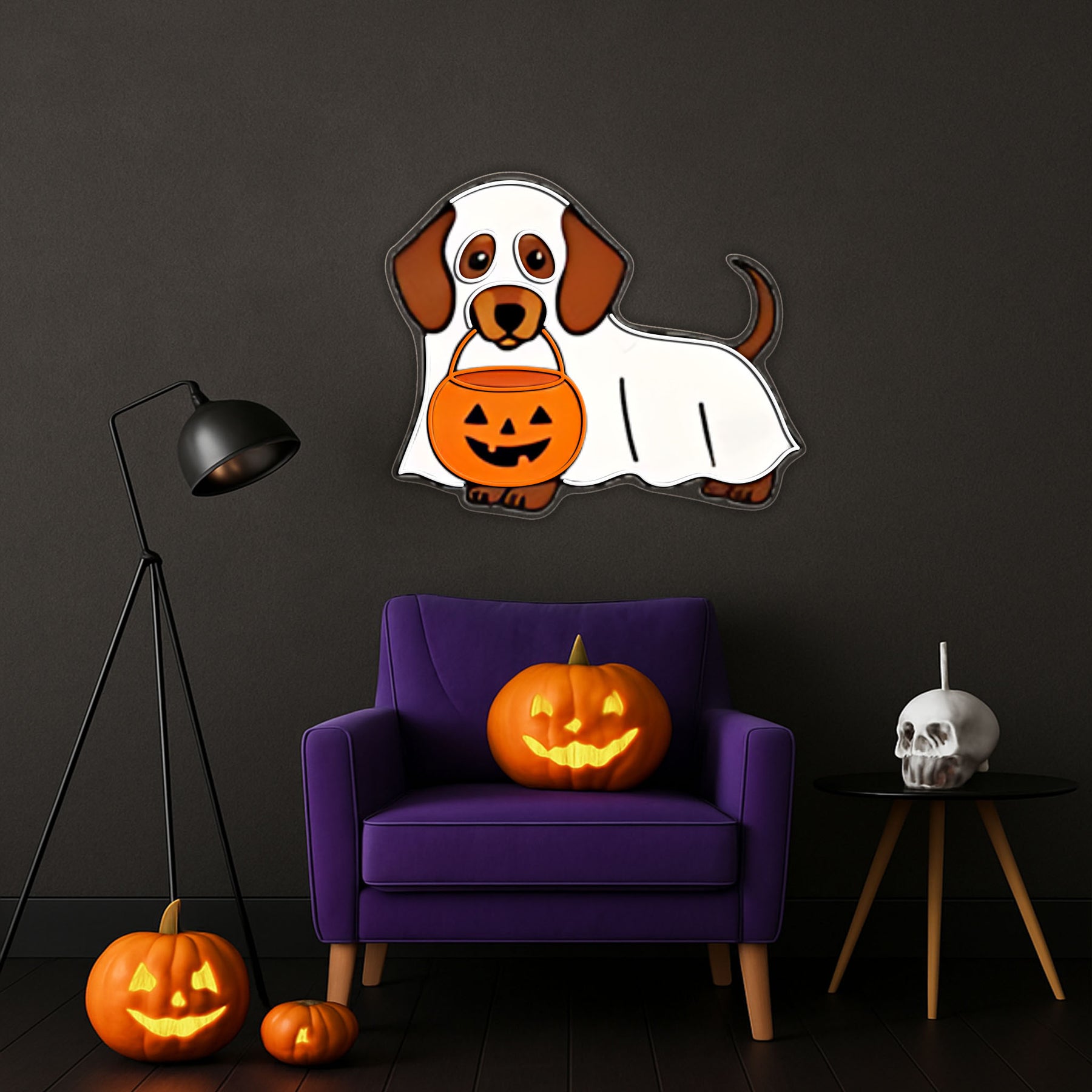 Halloween Ghost Dog Neon Sign – Cute Dachshund LED Wall Light with Pumpkin Bucket for Spooky Home Decor