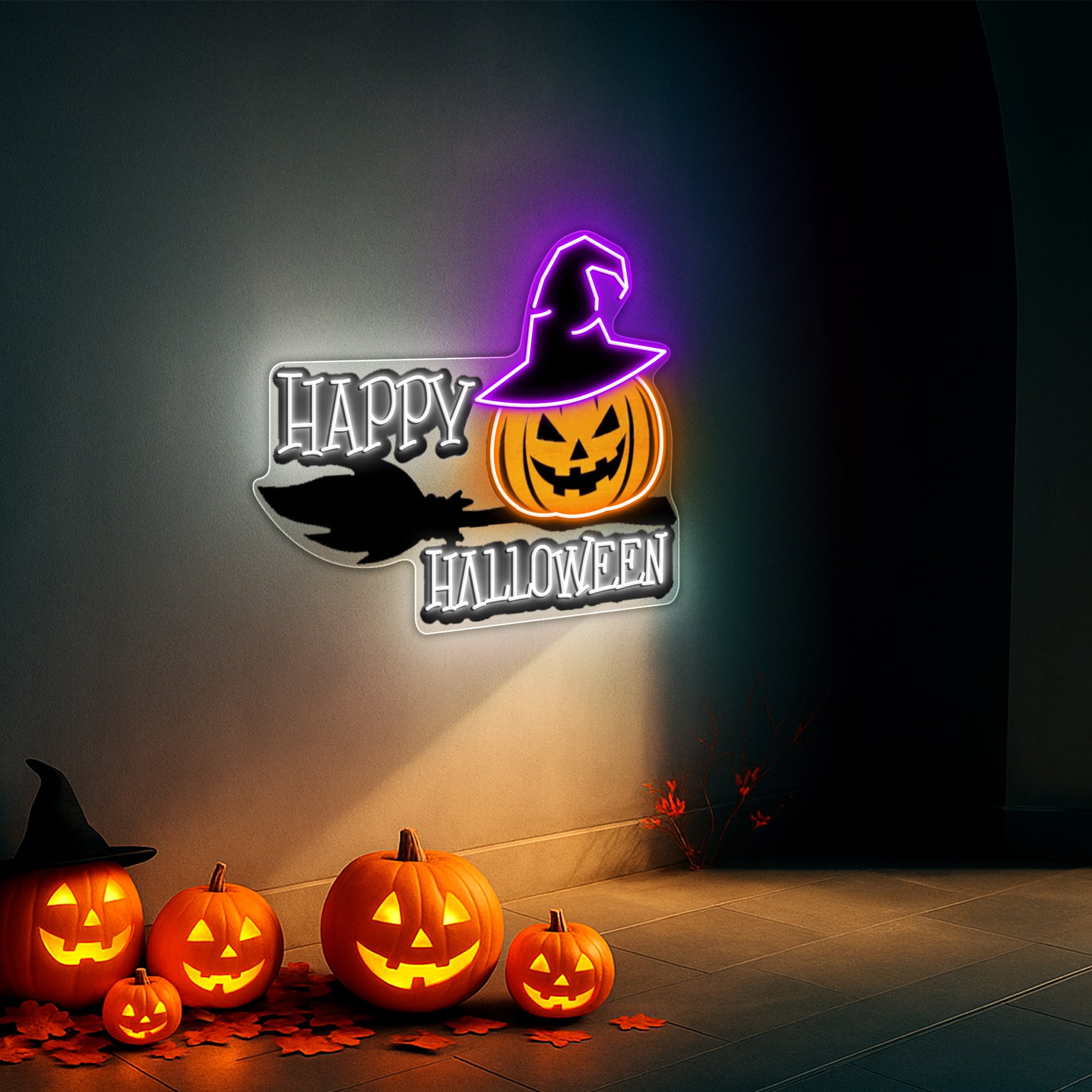Happy Halloween Neon Sign – Spooky LED Wall Light with Pumpkin & Witch Hat for Party and Home Decor