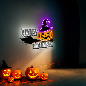 Happy Halloween Neon Sign – Spooky LED Wall Light with Pumpkin & Witch Hat for Party and Home Decor