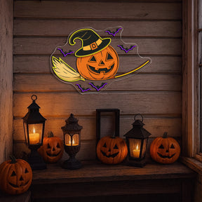 Halloween Witch Pumpkin Neon Sign – Spooky Jack-o’-Lantern LED Wall Light with Bats & Broomstick