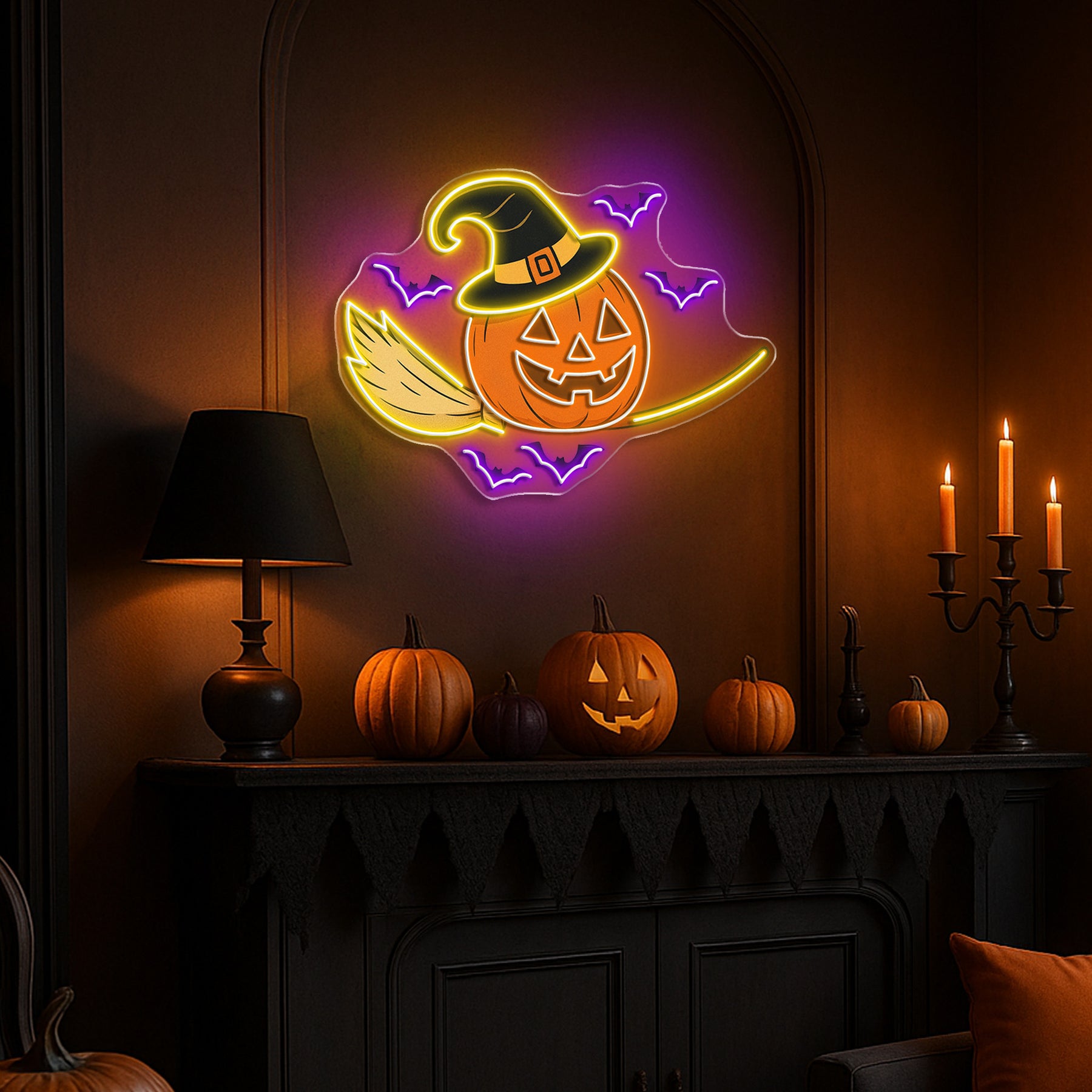 Halloween Witch Pumpkin Neon Sign – Spooky Jack-o’-Lantern LED Wall Light with Bats & Broomstick