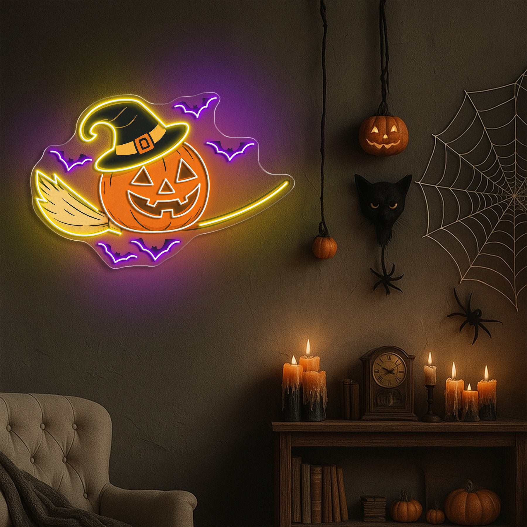 Halloween Witch Pumpkin Neon Sign – Spooky Jack-o’-Lantern LED Wall Light with Bats & Broomstick