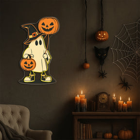 Halloween Ghost Neon Sign – Cute Spooky LED Wall Light with Pumpkin Balloon & Candy Bucket
