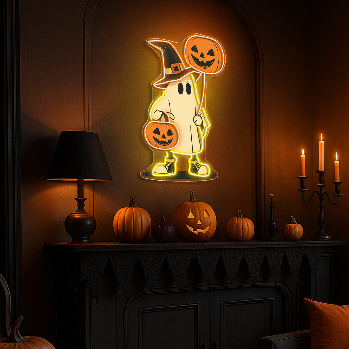 Halloween Ghost Neon Sign – Cute Spooky LED Wall Light with Pumpkin Balloon & Candy Bucket