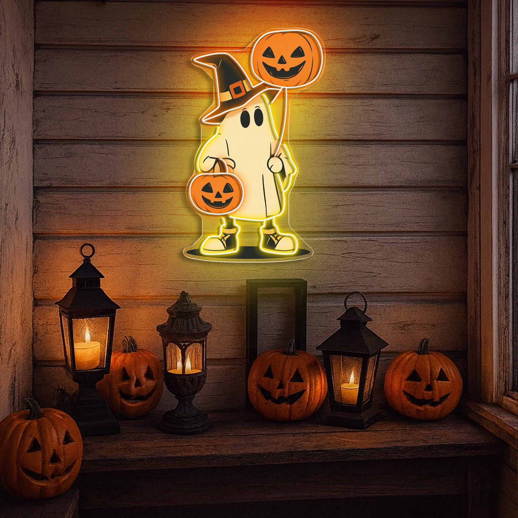 Halloween Ghost Neon Sign – Cute Spooky LED Wall Light with Pumpkin Balloon & Candy Bucket