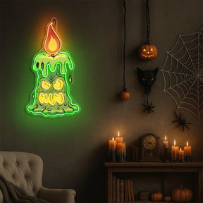 Halloween Creepy Candle Neon Sign – Spooky LED Wall Light for Haunted House & Party Decor