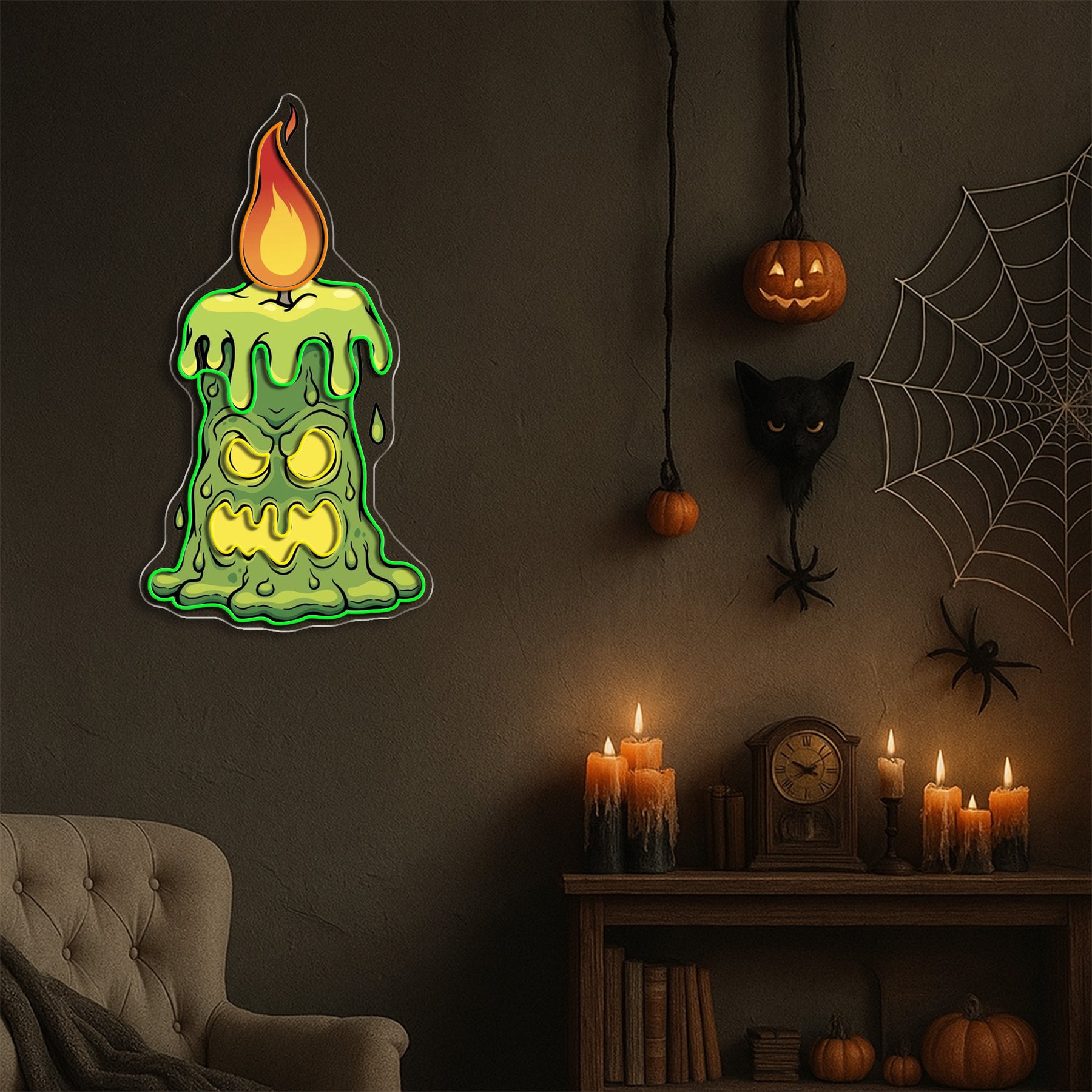 Halloween Creepy Candle Neon Sign – Spooky LED Wall Light for Haunted House & Party Decor