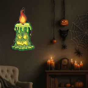 Halloween Creepy Candle Neon Sign – Spooky LED Wall Light for Haunted House & Party Decor