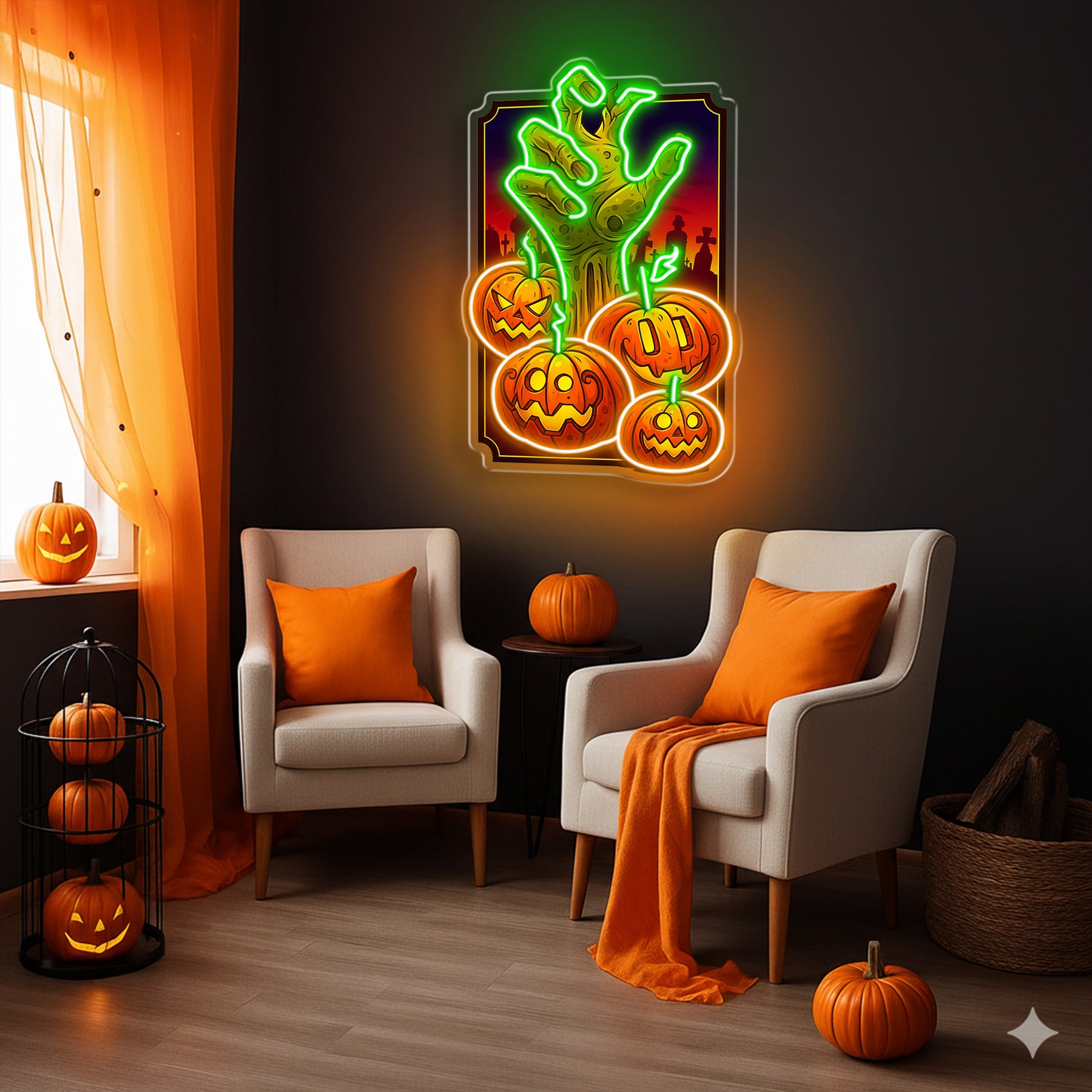 Halloween Zombie Hand Neon Sign – Scary LED Wall Light with Pumpkins for Haunted House & Party Decor