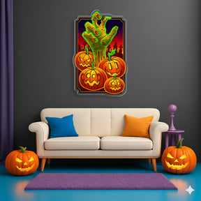 Halloween Zombie Hand Neon Sign – Scary LED Wall Light with Pumpkins for Haunted House & Party Decor