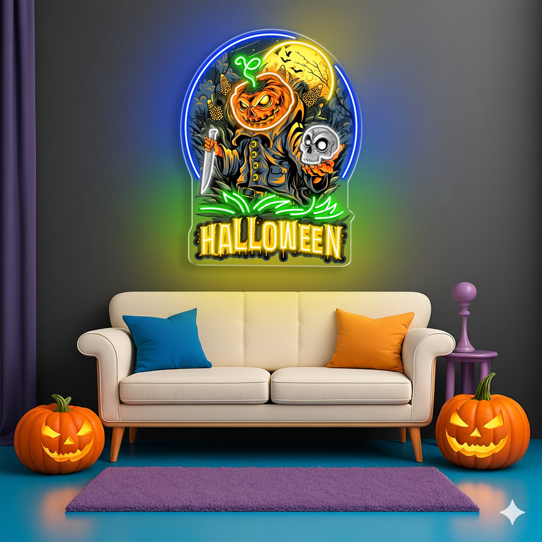 Halloween Pumpkin Warrior Neon Sign – Scary LED Wall Light with Skull & Knife for Haunted Decor