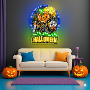 Halloween Pumpkin Warrior Neon Sign – Scary LED Wall Light with Skull & Knife for Haunted Decor