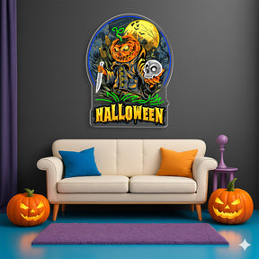 Halloween Pumpkin Warrior Neon Sign – Scary LED Wall Light with Skull & Knife for Haunted Decor