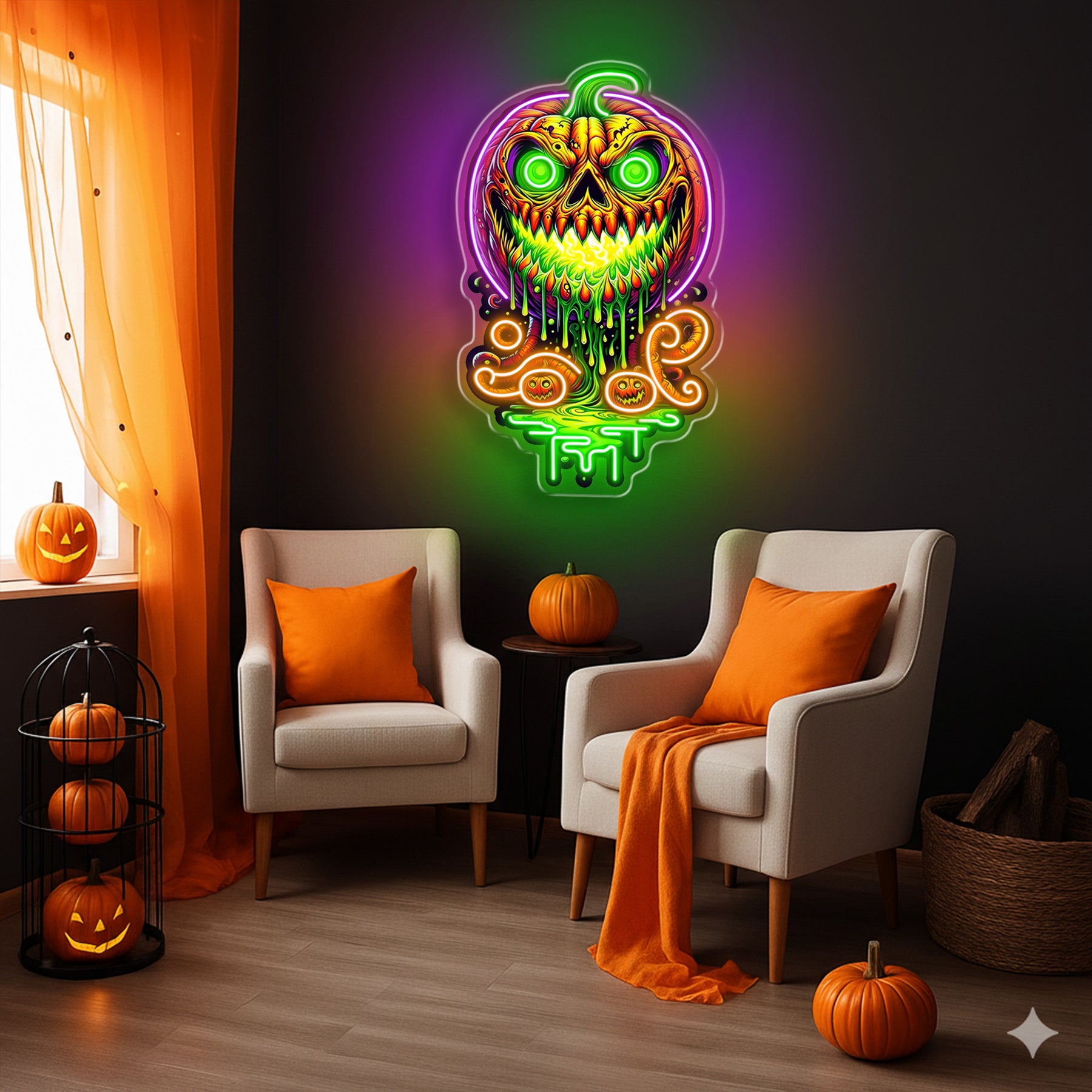 Halloween Evil Pumpkin Neon Sign – Creepy LED Wall Light with Glowing Eyes for Haunted Decor