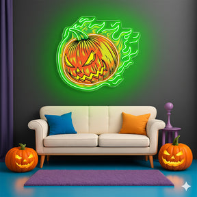 Halloween Flaming Pumpkin Neon Sign – Scary Jack-o’-Lantern LED Wall Light for Haunted Decor