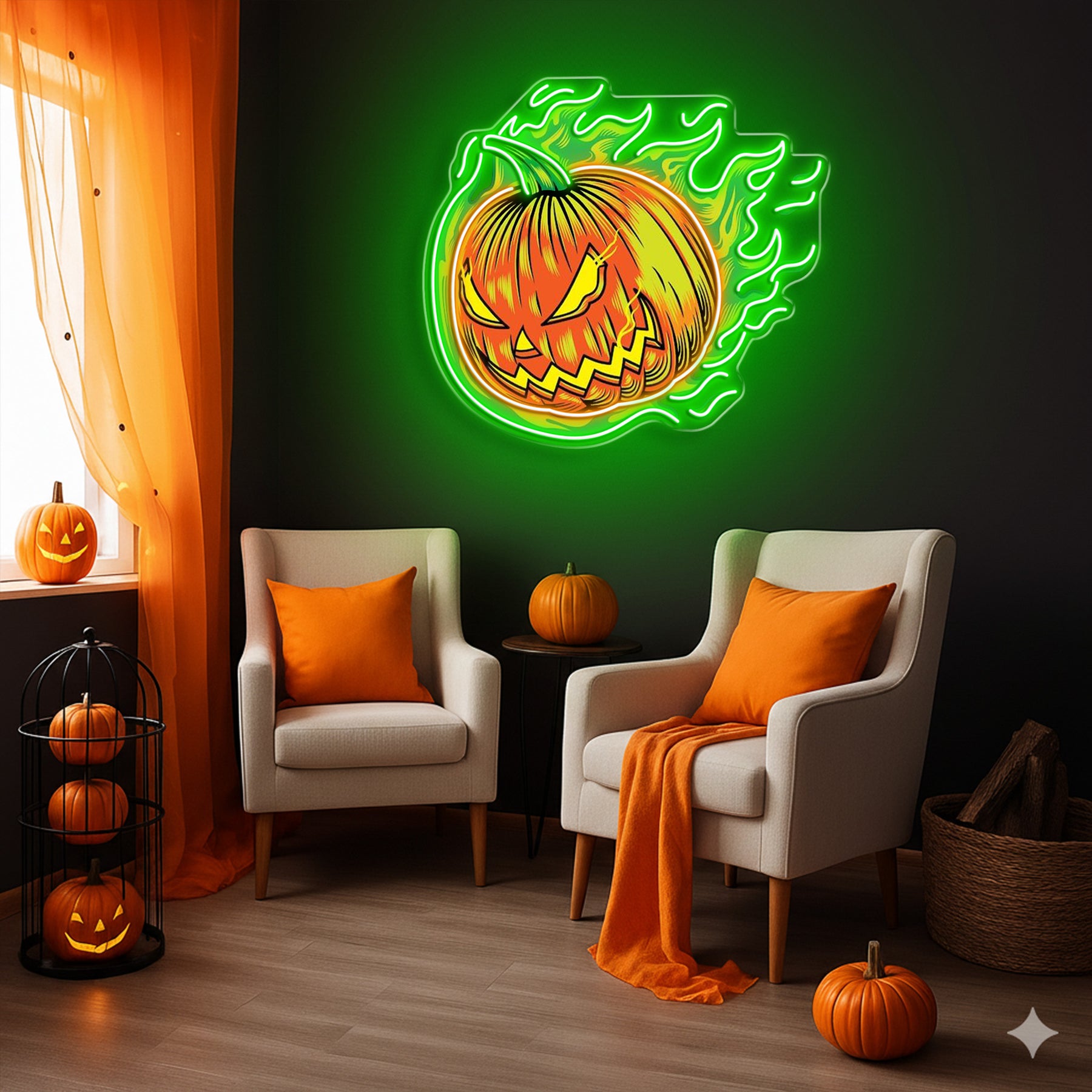 Halloween Flaming Pumpkin Neon Sign – Scary Jack-o’-Lantern LED Wall Light for Haunted Decor