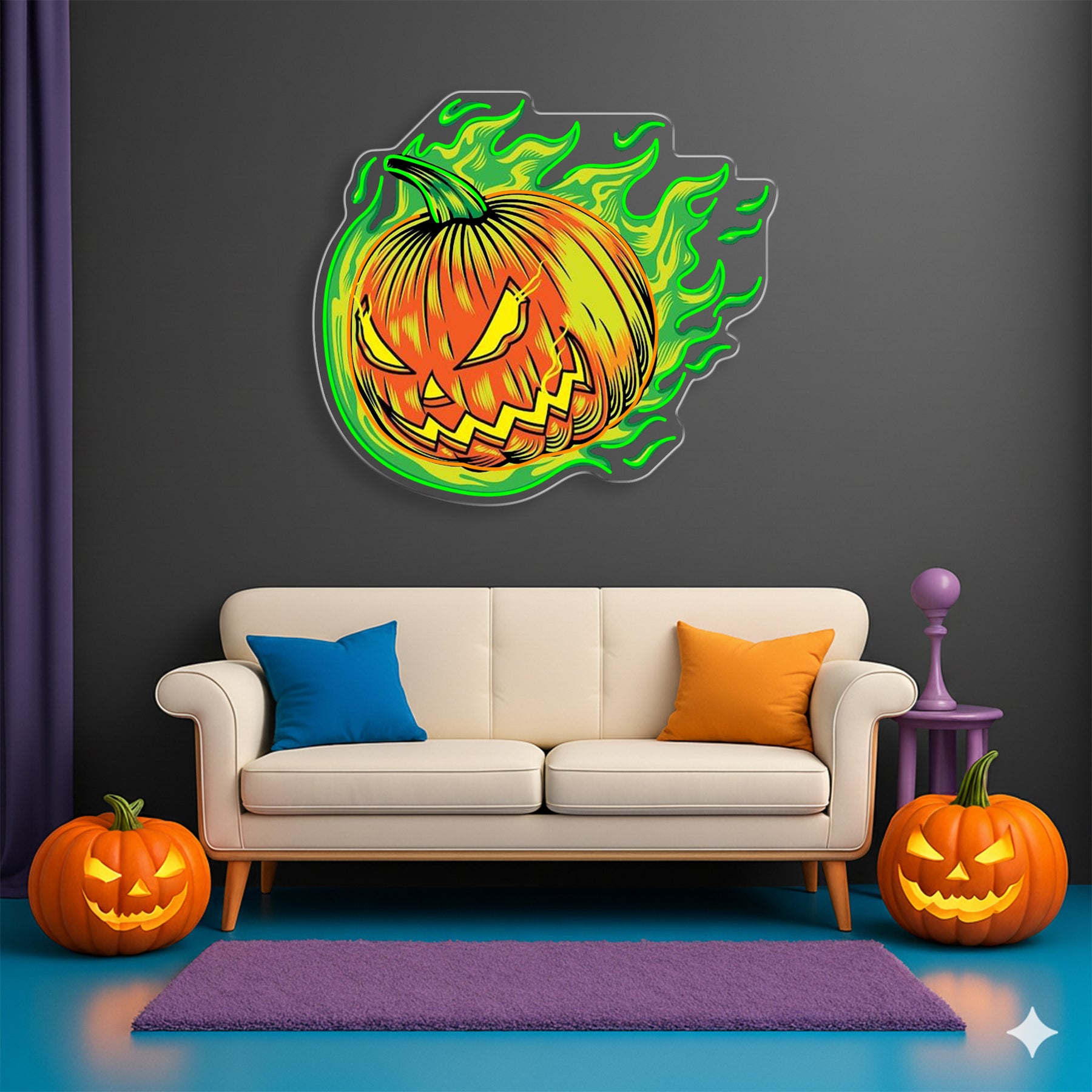 Halloween Flaming Pumpkin Neon Sign – Scary Jack-o’-Lantern LED Wall Light for Haunted Decor
