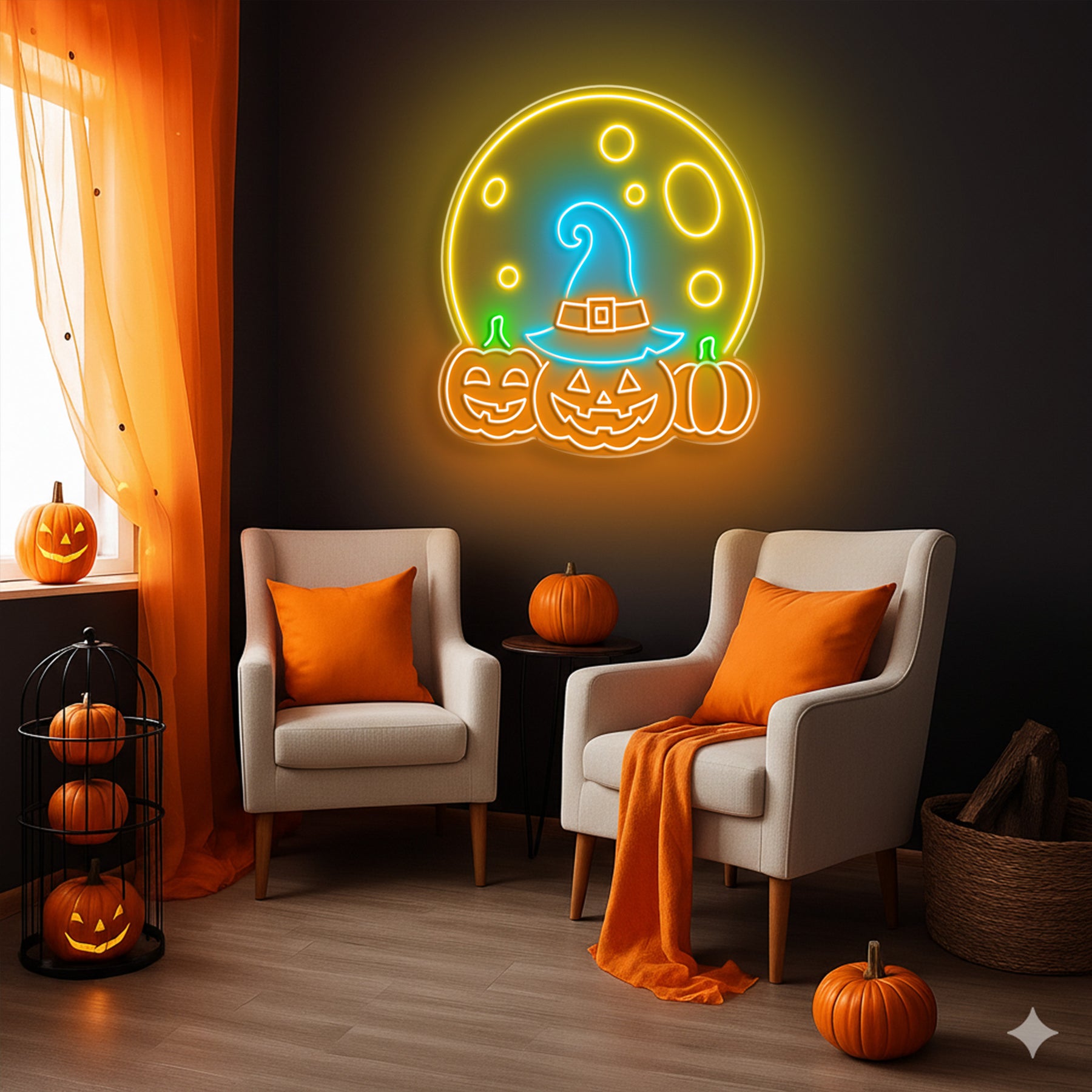 Halloween Pumpkin Moon Neon Sign – Spooky LED Wall Light with Witch Hat & Jack-o’-Lanterns