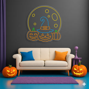 Halloween Pumpkin Moon Neon Sign – Spooky LED Wall Light with Witch Hat & Jack-o’-Lanterns