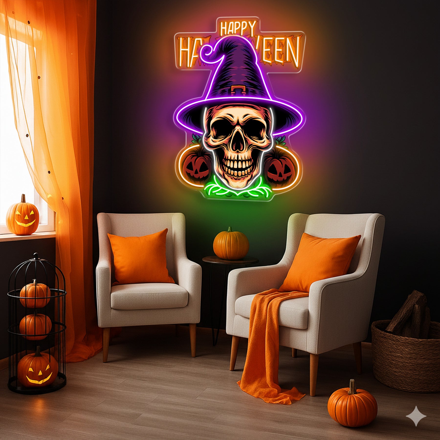 Halloween Skull Witch Neon Sign – Spooky LED Wall Light with Pumpkins for Haunted Decor