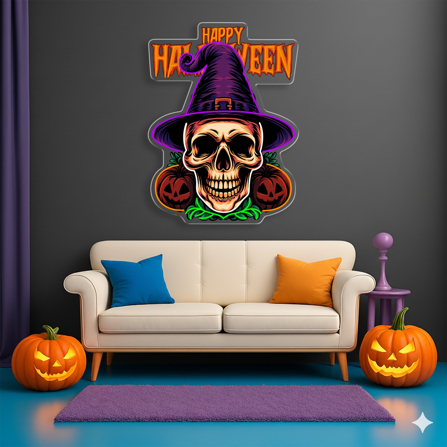 Halloween Skull Witch Neon Sign – Spooky LED Wall Light with Pumpkins for Haunted Decor