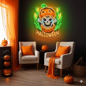 Halloween Skull Pumpkin Neon Sign – Spooky Jack-o’-Lantern LED Wall Light with Bones for Haunted Decor