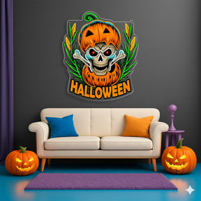 Halloween Skull Pumpkin Neon Sign – Spooky Jack-o’-Lantern LED Wall Light with Bones for Haunted Decor
