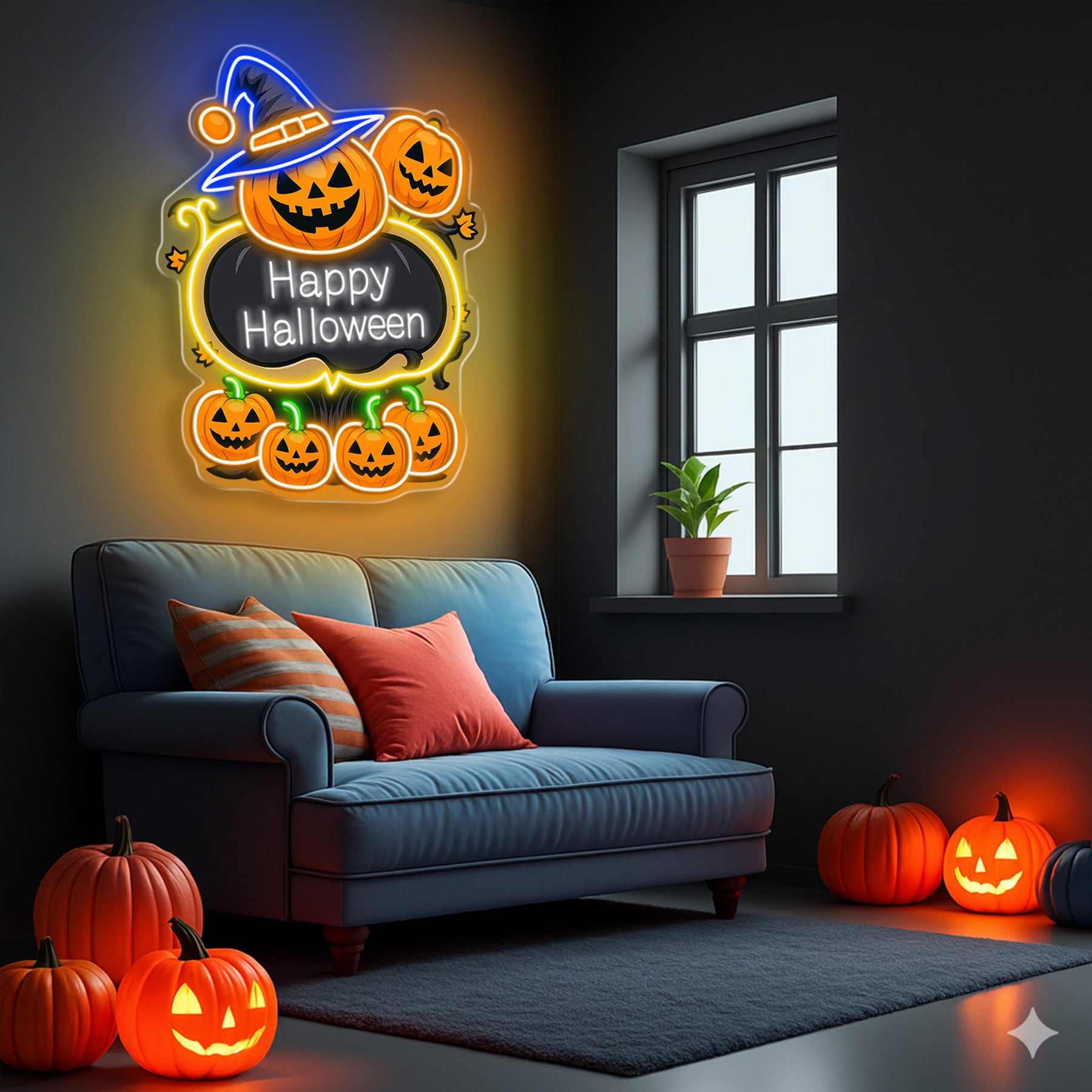Happy Halloween Pumpkin Neon Sign – LED Wall Light with Witch Hat & Jack-o’-Lanterns for Spooky Decor