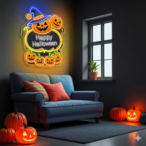 Happy Halloween Pumpkin Neon Sign – LED Wall Light with Witch Hat & Jack-o’-Lanterns for Spooky Decor