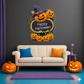 Happy Halloween Pumpkin Neon Sign – LED Wall Light with Witch Hat & Jack-o’-Lanterns for Spooky Decor
