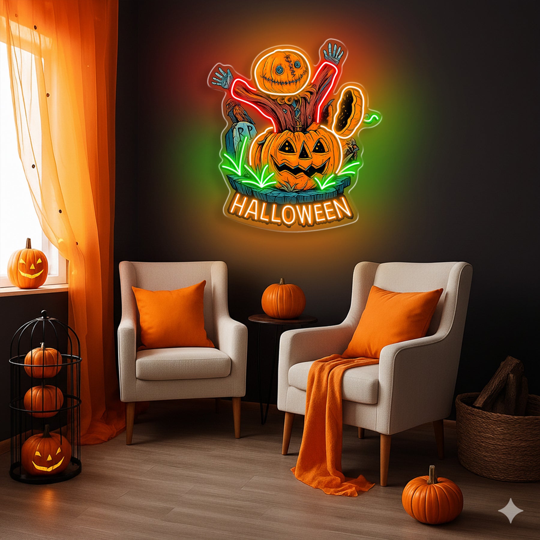 Halloween Pumpkin Scarecrow Neon Sign – Spooky LED Wall Light for Haunted House & Party Decor