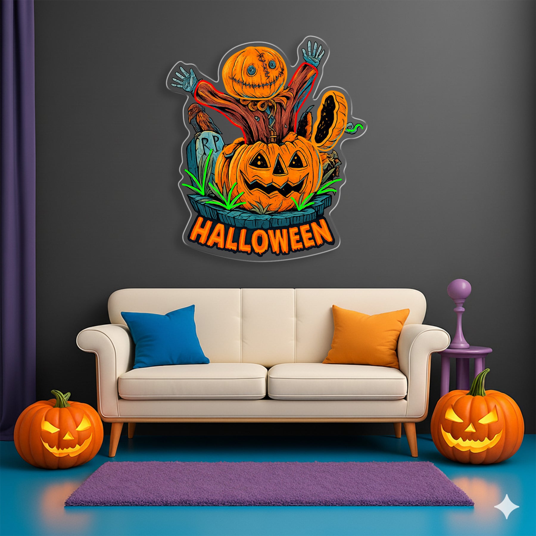 Halloween Pumpkin Scarecrow Neon Sign – Spooky LED Wall Light for Haunted House & Party Decor