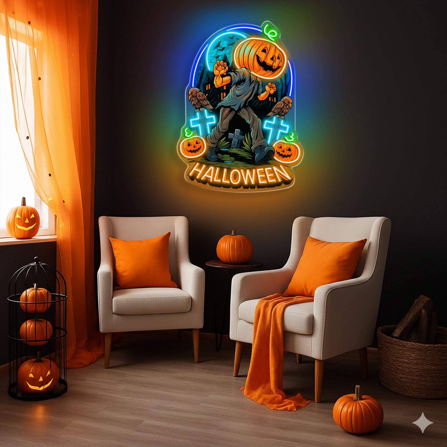 Halloween Pumpkin Zombie Neon Sign – Creepy LED Wall Light for Haunted House & Party Decor