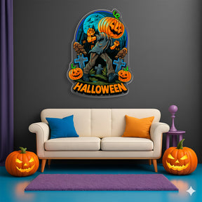 Halloween Pumpkin Zombie Neon Sign – Creepy LED Wall Light for Haunted House & Party Decor