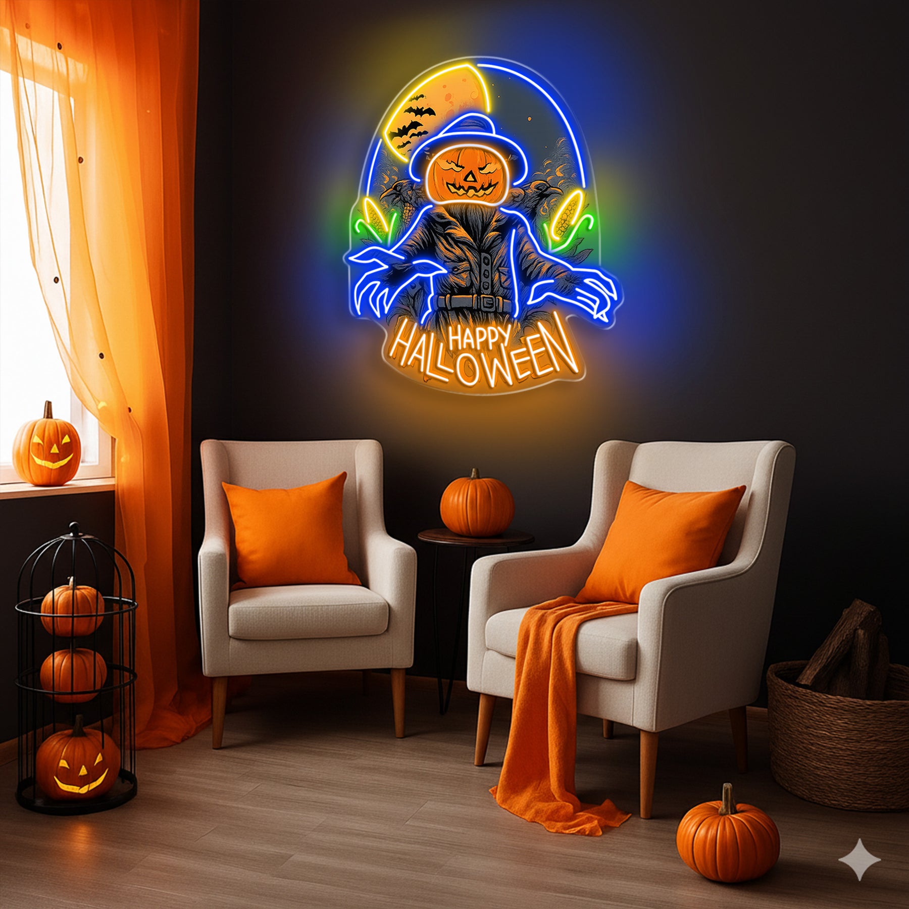 Halloween Scarecrow Pumpkin Neon Sign – Spooky LED Wall Light for Haunted House & Party Decor