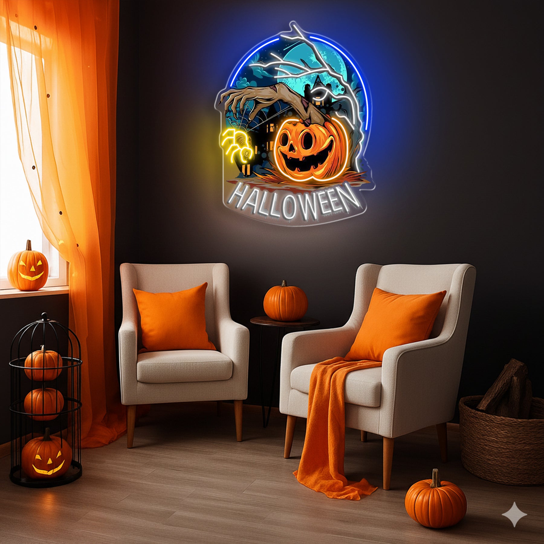 Creepy Pumpkin Hand Neon Sign – Halloween LED Wall Light for Haunted House & Party Decor