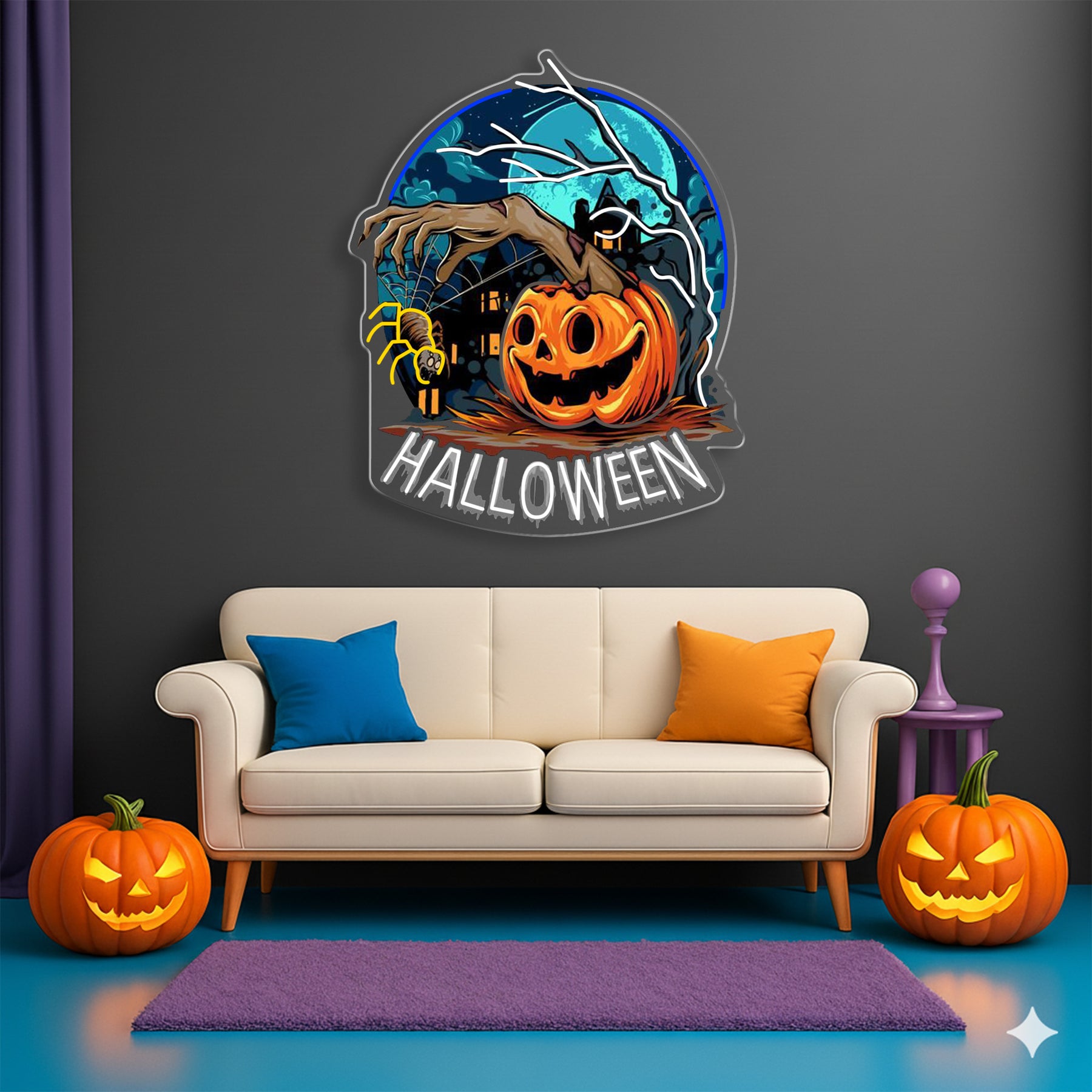Creepy Pumpkin Hand Neon Sign – Halloween LED Wall Light for Haunted House & Party Decor