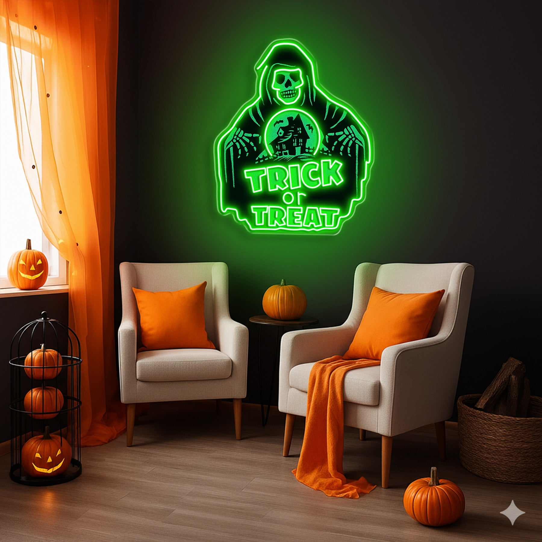 Trick or Treat Grim Reaper Halloween Neon Sign – LED Wall Light for Spooky Party Decor