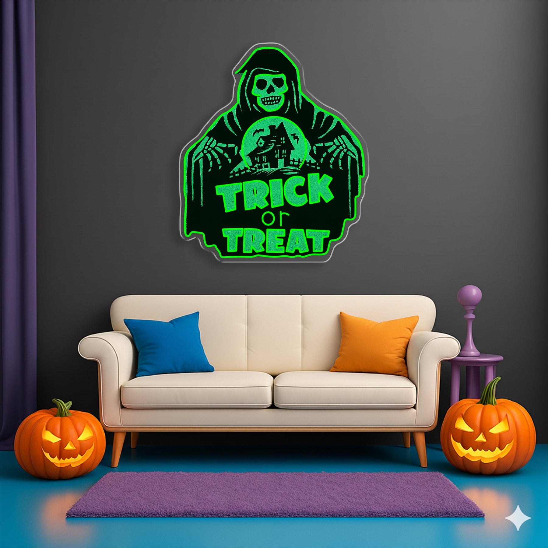 Trick or Treat Grim Reaper Halloween Neon Sign – LED Wall Light for Spooky Party Decor