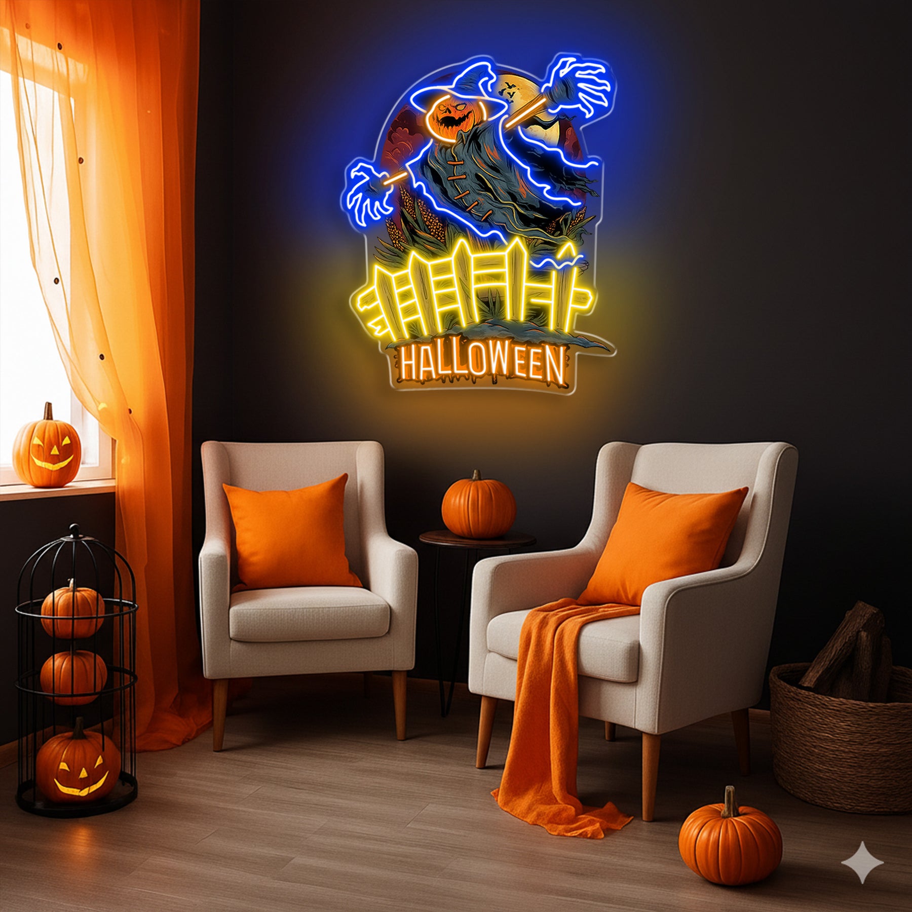 Scary Pumpkin Scarecrow Neon Sign – Halloween LED Wall Light for Spooky Party & Haunted House Décor