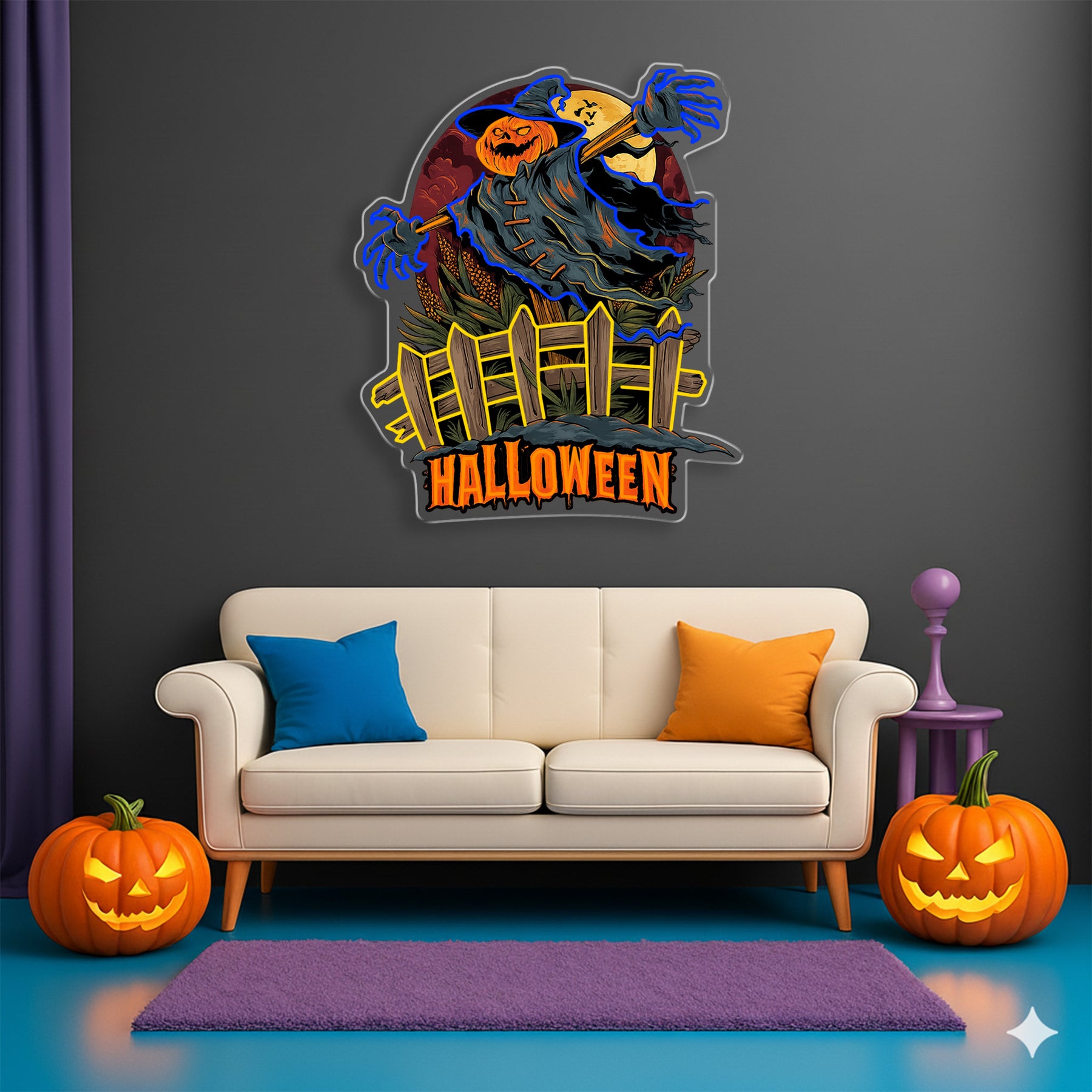 Scary Pumpkin Scarecrow Neon Sign – Halloween LED Wall Light for Spooky Party & Haunted House Décor
