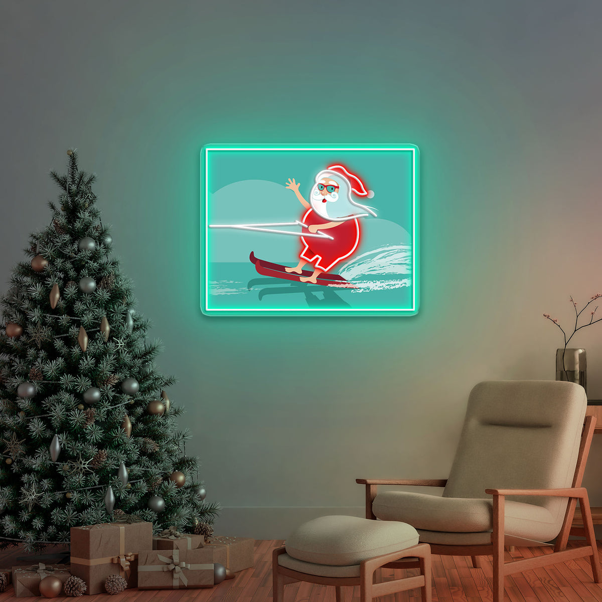 Surfing Santa Neon Sign – Fun Christmas LED Wall Light for Beach Lovers & Holiday Décor