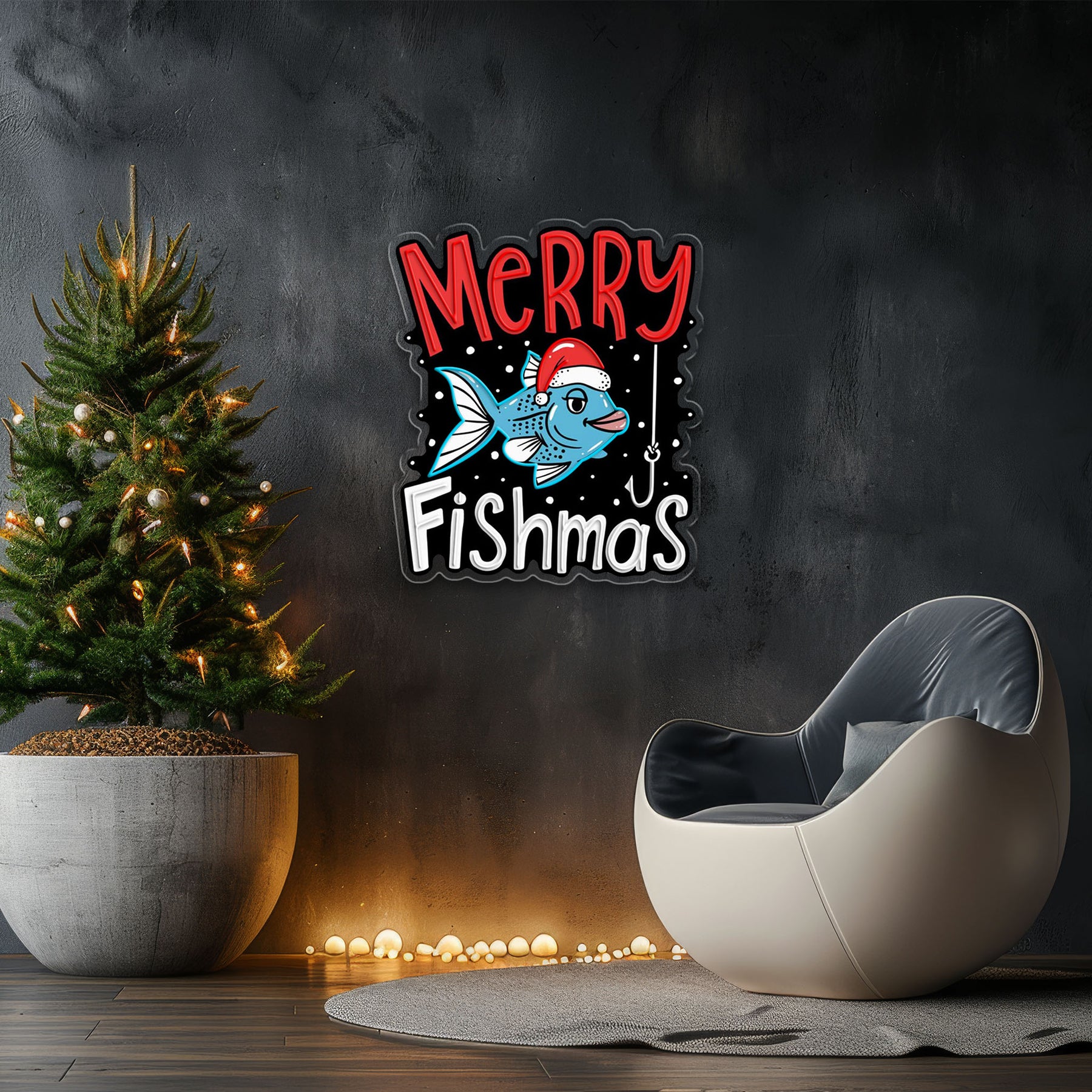 🎣 Merry Fishmas LED Neon Sign – Funny Christmas Fishing Wall Light for Home, Man Cave & Holiday