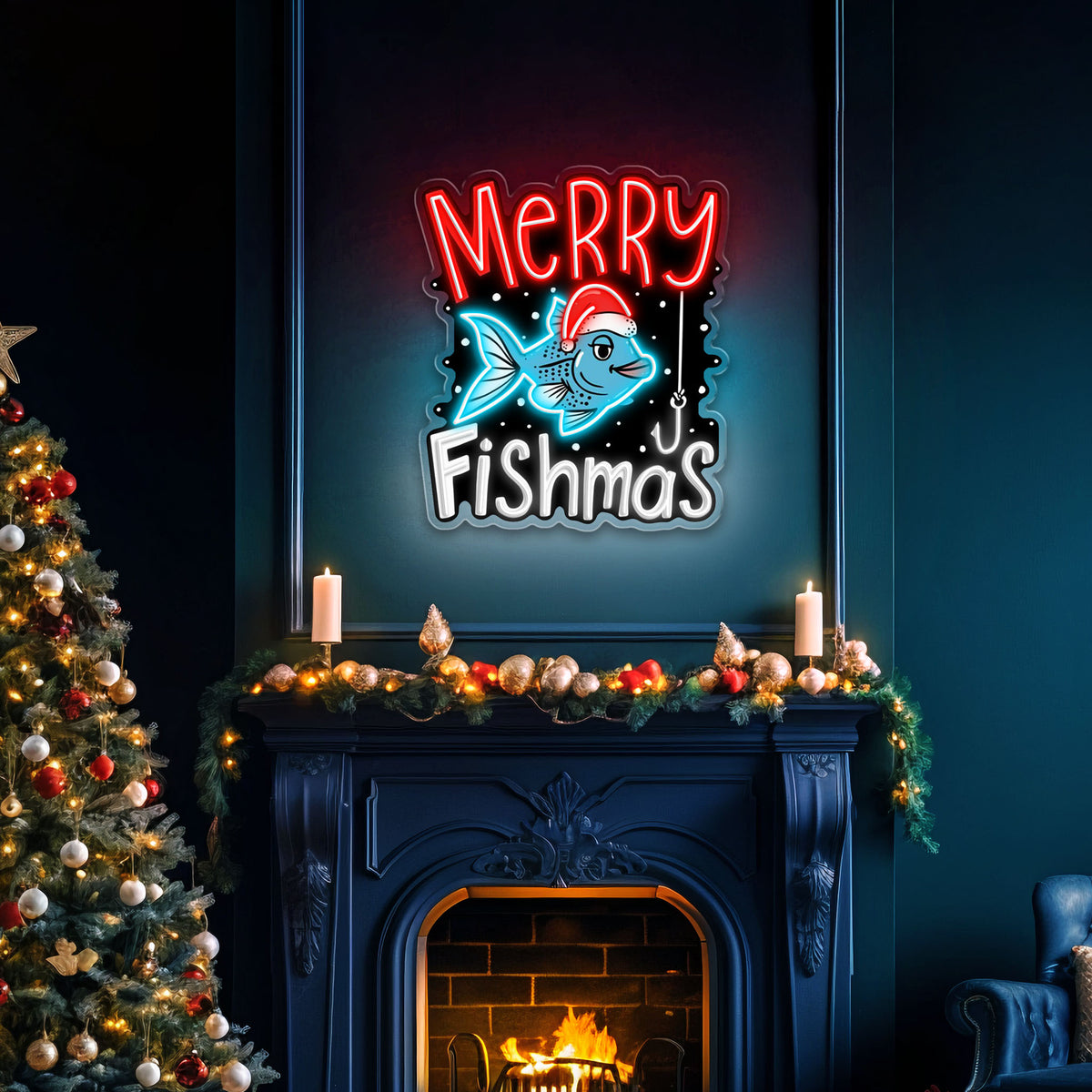 🎣 Merry Fishmas LED Neon Sign – Funny Christmas Fishing Wall Light for Home, Man Cave & Holiday