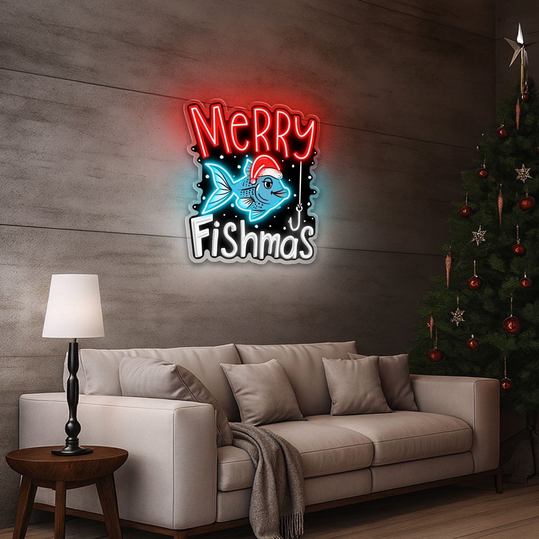 🎣 Merry Fishmas LED Neon Sign – Funny Christmas Fishing Wall Light for Home, Man Cave & Holiday