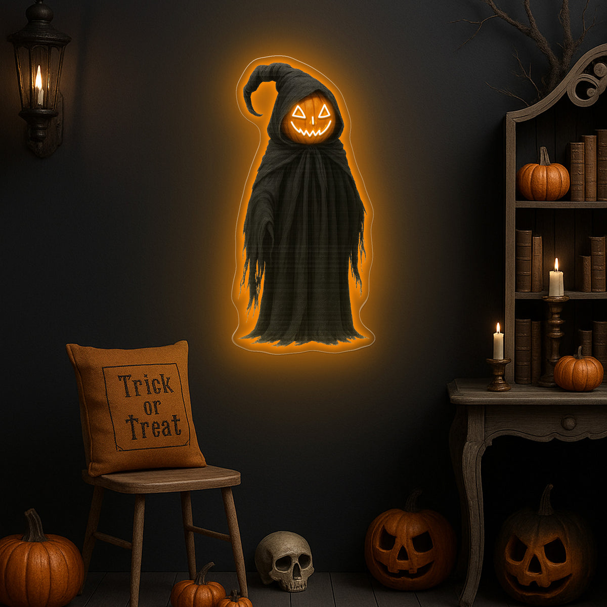 Halloween Grim Pumpkin Neon Sign – Spooky LED Wall Light for Haunted Home & Party Décor