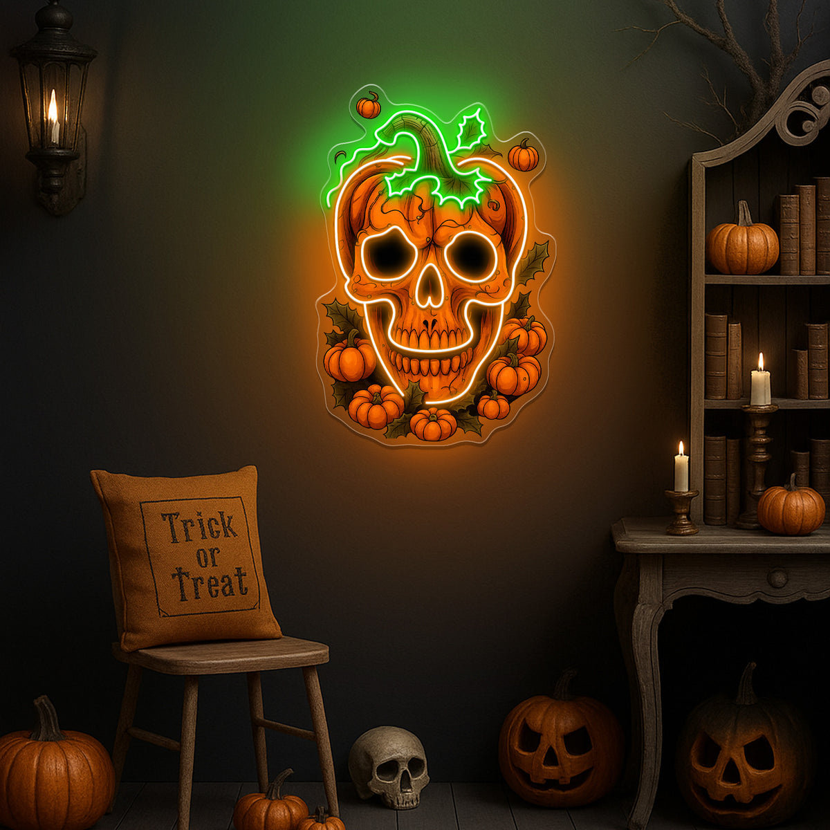 Pumpkin Skull Neon Sign – Creepy Halloween LED Wall Light for Haunted House & Spooky Party Décor